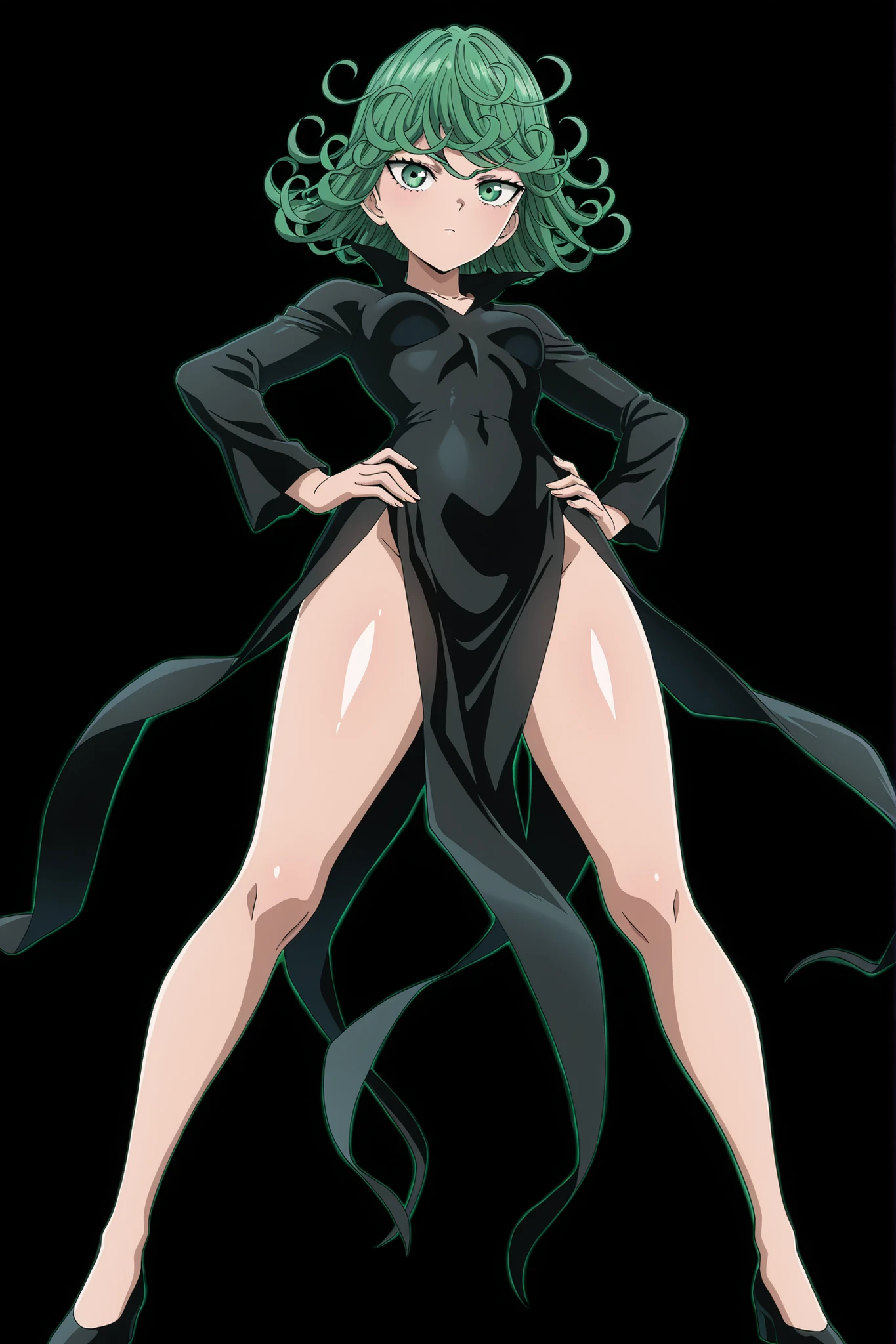 black background, simple background, highly detailed, anime coloring, (masterpiece), (best quality), (ultra-detailed), (anime screencap), (anime keyvisual), full body, 1girl, solo, tatsumaki, short hair, curly hair, small breasts, long sleeves, black dress, looking at viewer, open legs, hands on own hips, shiny skin