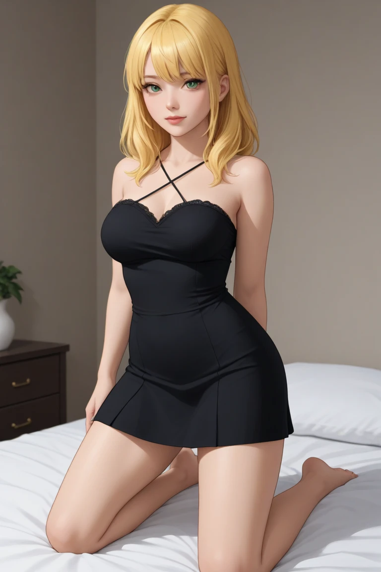 Tsunade Senju, bright pink eyes, extremely super bright snow white fair stunning flawless glowing lush shiny white skin, and complexion, wearing a revealing black dress
