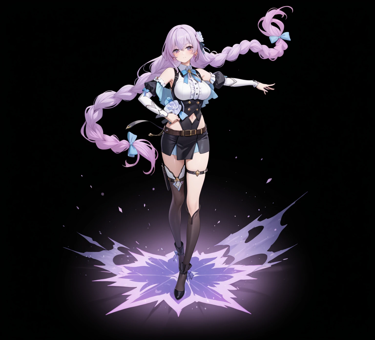 Loli, long curly white hair, purple eyes, toothy smile, oversized shirt, short pants, cute, has a chain around her neck, a belt around her arms, and gloves.