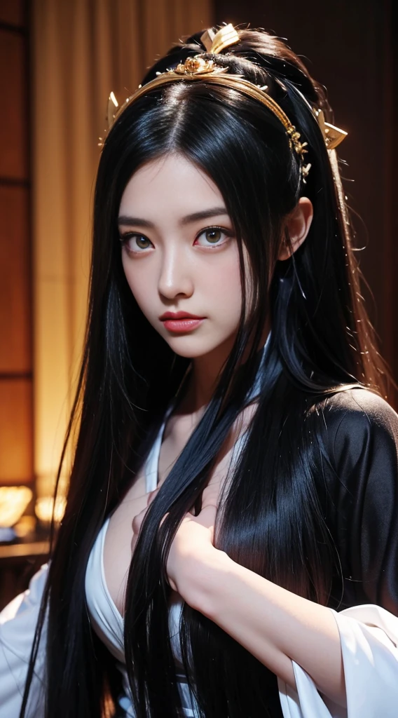 a close up of a woman with long black hair wearing a black dress, jaeyeon nam, Kim Tae-joon, Shin Jinying, Choi Hyun-hwa, Guviz, Soft portrait shot 8 K, seseon yoon, Lee Ji-eun, lee ji eun, cruel korean goth girl, Kim Hyun-joo, gongbi