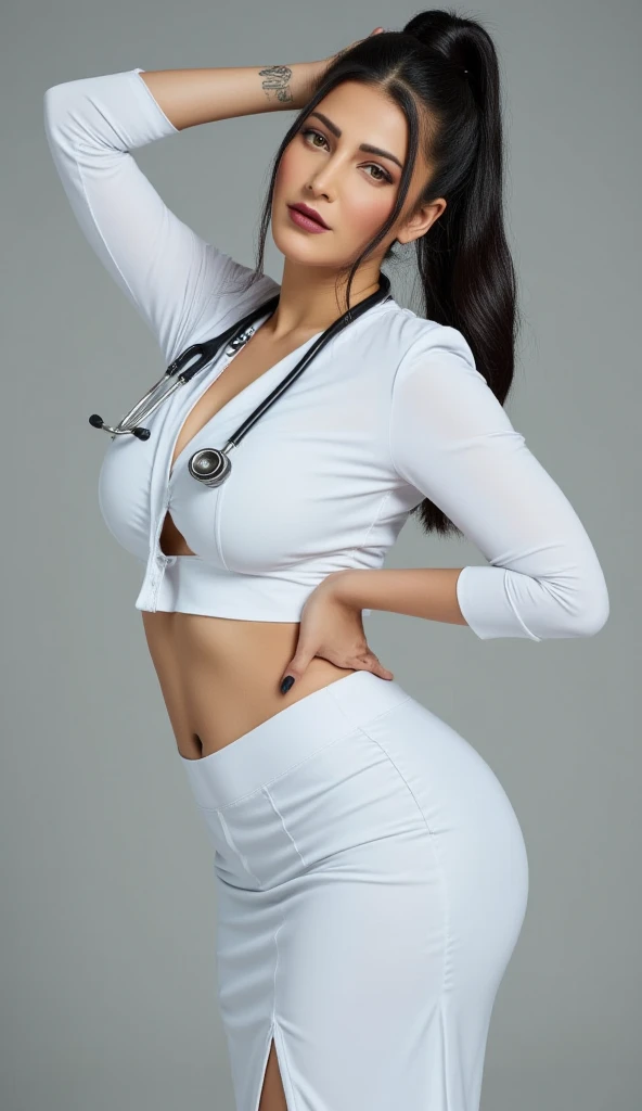 (Best Quality, 4K, masutepiece: 1.3), Beautiful woman,Hyper-realistic, 1girl in,25-years old、Alafed Women、 (Attractive body: 1.2)、 Beautiful hair, (thin waist:1.1),hyperdetailed face,(Detailed lips), Detailed eyes,二重まぶた, Open neckline,Sexy face,(Sexy Vampire),(Tight white nurse suit、White Nurse Unison Mini Skirt:1.5)、thick thighs、(wide  hips:1.3)、A slender、