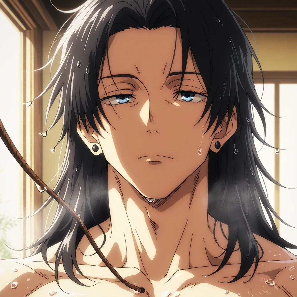 male, sticking out penis、black hair, golden eyes, Sweat、hot spring、Masturbating
