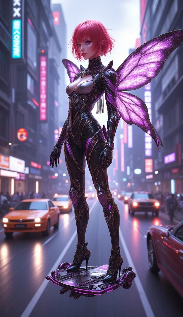 (wide wide shot),(Best quality,4K,8K,A high resolution,Masterpiece:1.2),Ultra-detailed,(Realistic,Photorealistic,photo-realistic:1.37),A futuristic(Mechanical Woman),((Huge butterfly wings)),Shiny metal skin,(Rabbit ears),(((Mechanical body))),(high-heels)。nigth,(facing at camera),standing on your feet,Cyberpunk-city。Vibrant colors。Science fiction art style.