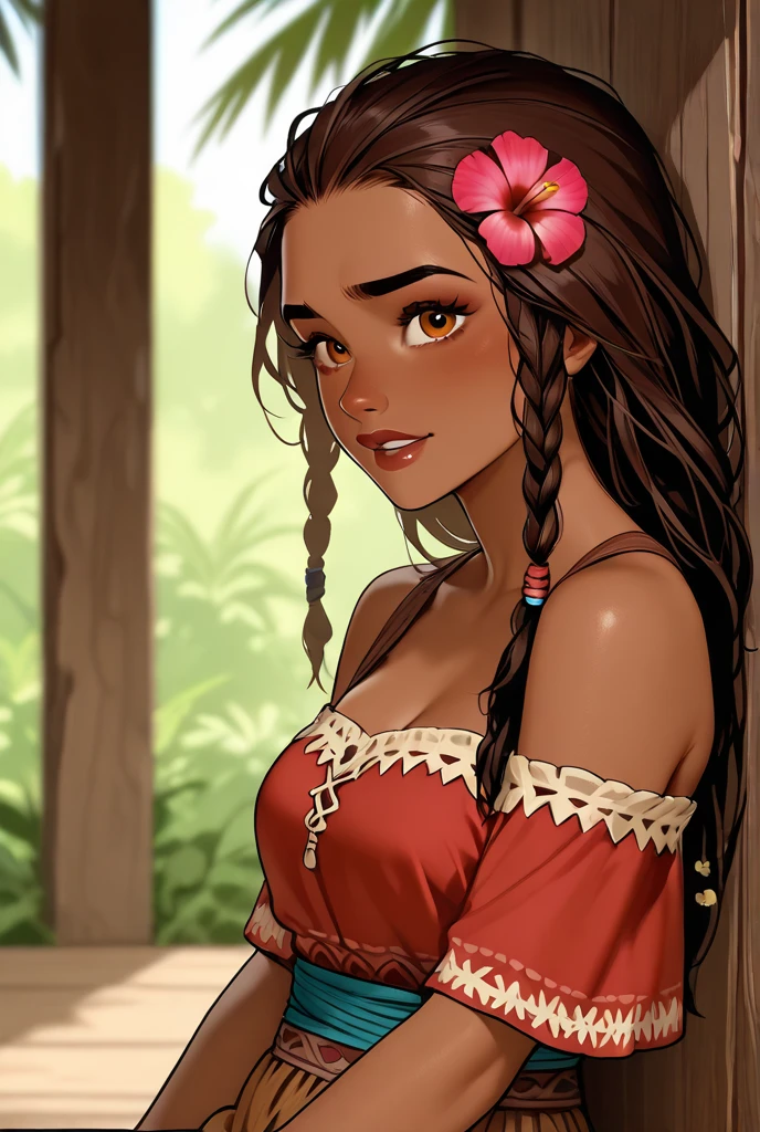 a brunette woman with curly hair, Arabic and Latin, with almond-shaped brown eyes, in the anime One Piece