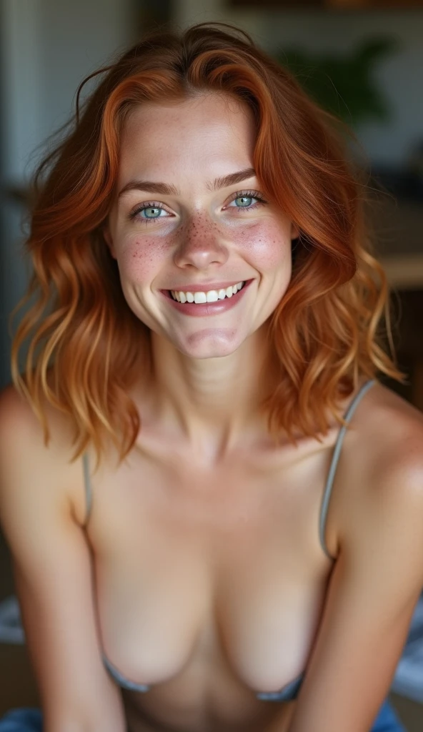 Hyperrealistic photo of a super cute Irish redhead with dark theme, freckles, skinny, thin nose, porous skin and short hair, (full body), (flared, large, natural, sagging breasts), (small waist, slim body), nipple hard with realistic details, blue eyes, big eyes, detailed eyes, realistic skin, epic realism, HDR: 1.5, epic skin detail, (lustful smile, seductive look, perfect teeth), (8k, RAW photo, maximum quality) ,