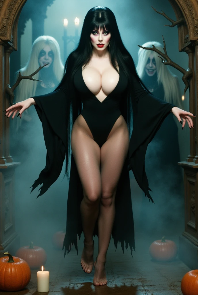Beautiful middle-aged woman in a gray robe standing in a dark forest, Magnificent style, Octane Rendering, Desert Composition, Beautiful Face, Surreal, Oil on canvas, Award-winning, masterpiece, Talked about at the art station, Studio Ghibli、High heels、Full body portrait、The whole body is projected, (A sadistic smile of temptation), (Curvaceous), ( 信じられないほど大きくてCurvaceousのあるヒップ), (Incredibly thick thighs), (Glowing Skin), (Wet oily skin), Plus Size Model,Fat pregnant woman、Thick waist、The face of a plump middle-aged woman、Beautiful expression、Big Belly、A 55-year-old pregnant middle-aged woman,