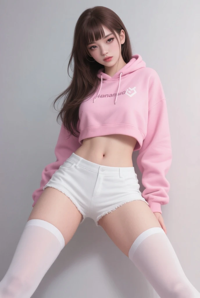 hoodie, dolfine short, booty short, short shorts, black hoodie, well fitting heavy black hoodie, pink shorts, cute girl thick thighs, bedroom, large hips, long pink hair, wavy hair, sitting on couch, facijg viewer, lips seperated, head tilted up, longe eye lashes, blush, natural makeup, (best quality), (masterpiece), cozy bedroom, cozy atmosphere, soft lighting, moodlighting, shiny legs, perfect face,