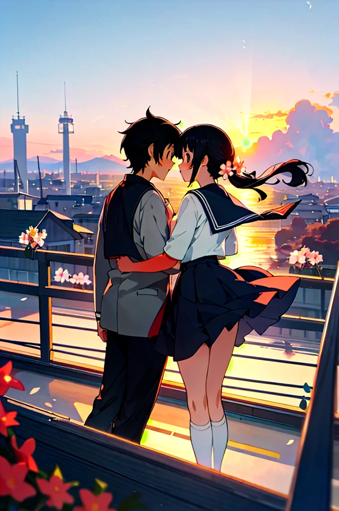 shinkai makoto, kimi no na wa., 1girl, 1boy, bangs, black hair, blush, Suspender Clothes, red bow, red headband, red ribbon, short hair, cute, love, couple, adorable, short sleeves, dating, deep kiss, tongue kiss, saliva, closed eyes, Night, Nightview, sparkle, Outdoors, bracelet, passionate hug