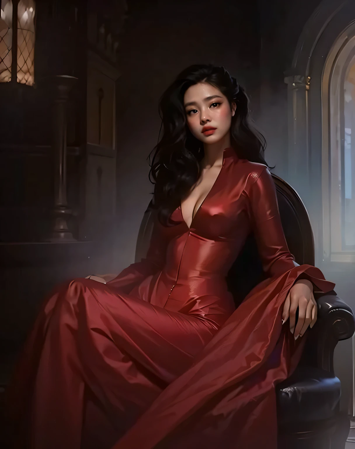 A photorealistic cinematic image of a tall, muscular hourglass-shaped full body, deep cleavage, medium breasts, feminine features with BLACK hair smiling at the camera, long hair, curly hair, 20s, wearing a knee-length red dress.
