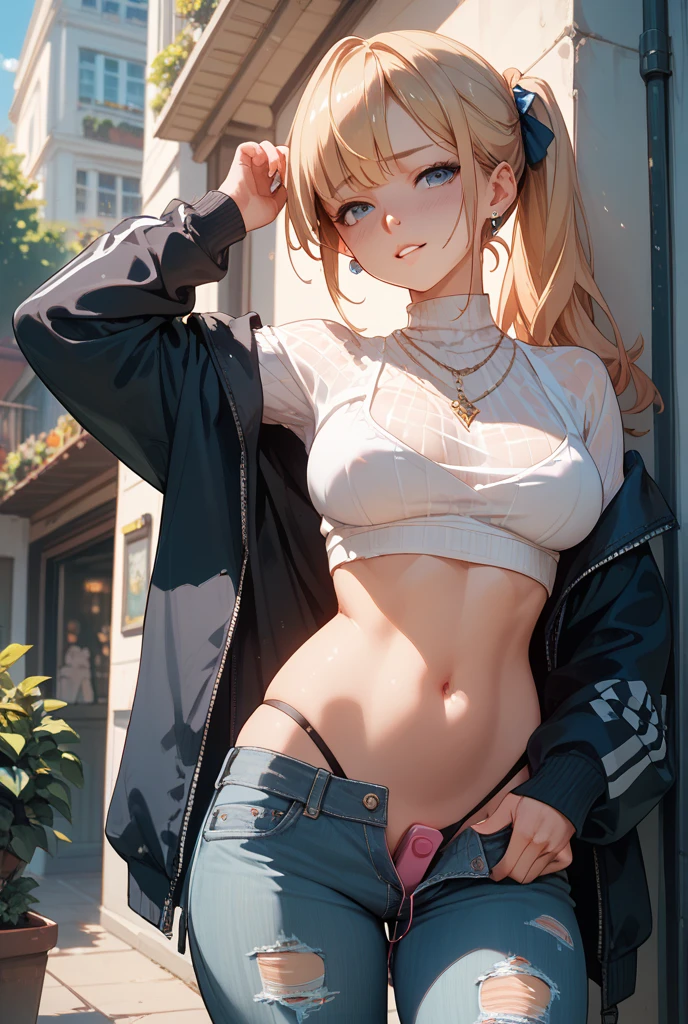 masterpiece, best quality, highly detailed, ultra high res, ayase arisa, 1girl, solo, perfect body, hair ornament, glossy lips, medium breasts, midriff, short shorts, cleavage, jacket, ponytail, hands in pockets