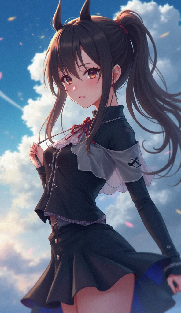 ((Tabletop, Highest quality, High resolution, Hmph, Pixel perfect, 4K, Hmph, Hmph))), One Girl, single, alone, Beauty、The whole body is visible、 ((Mid-wave hair, bangs, Brown Hair)), ((Brown eyes, Beautiful eyelashes, Realistic eyes)), ((Detailed face, blush:1.2)), ((Smooth texture:0.75, Realistic texture:0.65, Realistic:1.1, Anime CG style)), Large Breasts, Dynamic Angle, Perfect body, ((Red bow tie, , Black jacket, Open jacket, Brown cardigan, White shirt, Black Skirt, Checked skirt)), City stairs、Looking up from the bottom of the stairs、Very embarrassing panic smile, looked back、Leaning forward、(The wind blew up her skirt, exposing her buttocks...................、Touch your buttocks with both hands、white floral lace panties), (Floating skirt:1.1),,( Panty shot:1.1),