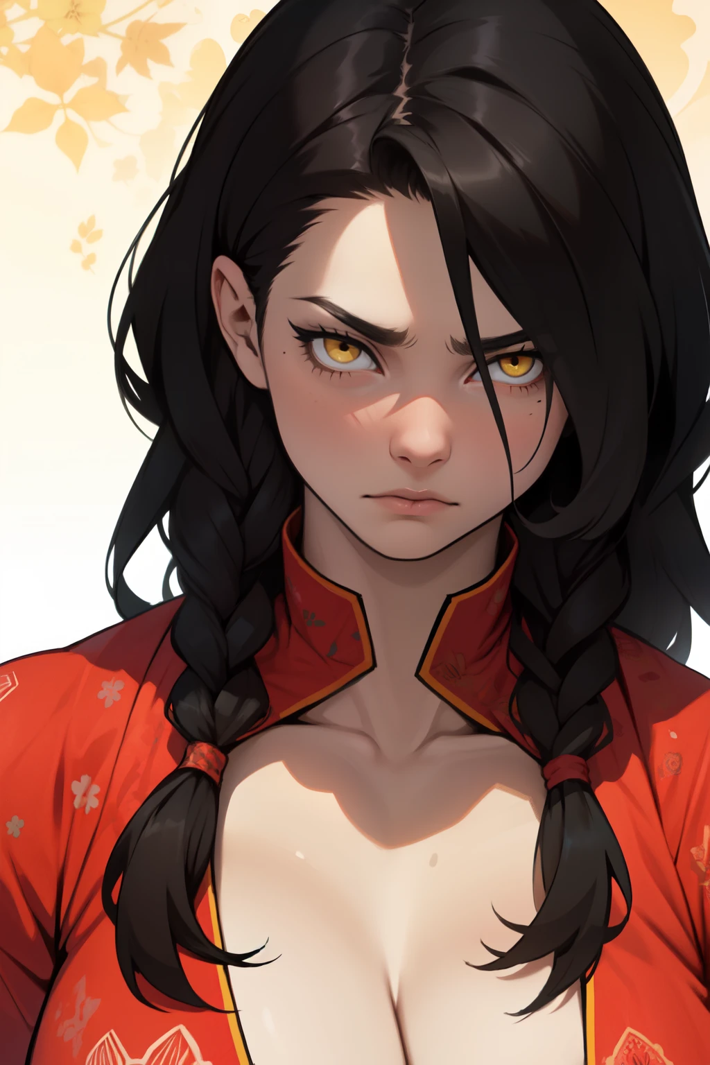 score_9, score_8_up, score_7_up, solo, detailed eyes, expressive eyes, lustrous skin, medium breasts, wearing armor, heavy armor, (huge axe over shoulder), eyes glowing red, flame coming out of eyes, standing, looking at viewer,  good_hands, medium length hair, (((black hair))),  pink eyes, blonde ends, cat eyes, ponytail, tan skin, blonde highlights, (blonde ends), medium-long hair, red flames