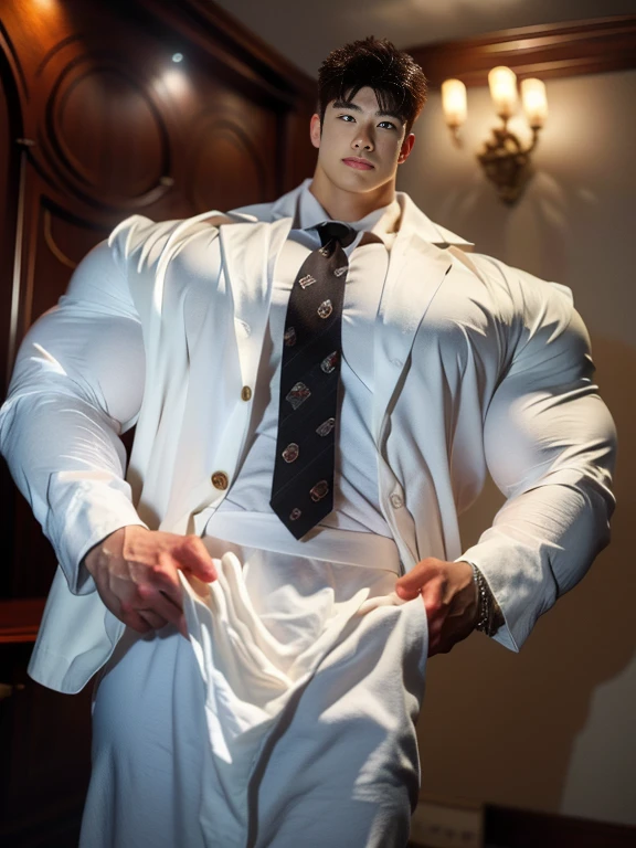 masterpiece, best quality, high quality, intricate details, perfect lightings, 1boy, solo, male focus, looking at viewer, a young handsome muscular vietnamese boy, male model, flexing, mischievous, naughty, detailed eyes, detailed face, smooth hair, realistic skin, perfect hands, realistic, solo, wearing nothing, completely naked, looking at viewer, low angle shot, Realistic, fully naked, full body nude , correct male penis, correct male scrotum, perfect scrotum, male structure, correct male genitelia, huge male genitelia, walking on fashion show stage, fashion show background, fashion show backdrop