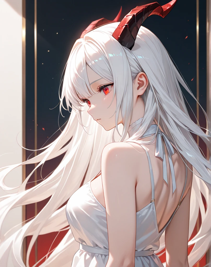 with long coiled hair, flowers in head, Cat ears, Bright pupils, Blush, (Monet:1), anaglyph, Fuji colors, outside border, hyper HD, Masterpiece, ccurate, Textured skin, 4K, Best quality, A high resolution, High quality, hyper HD, Masterpiece, Textured skin, silvery white hair,Red pupils,Bow knot,(Wolf tail:1),Dynamic,rosette,Yarn,Charming,frontage,Ribbons,Head up,unholy,Bad smile emoji,seduce,shadowy,frenzied,Exaggeration,Vampires,The light from the back window is backlighted,Look at me with your back to me