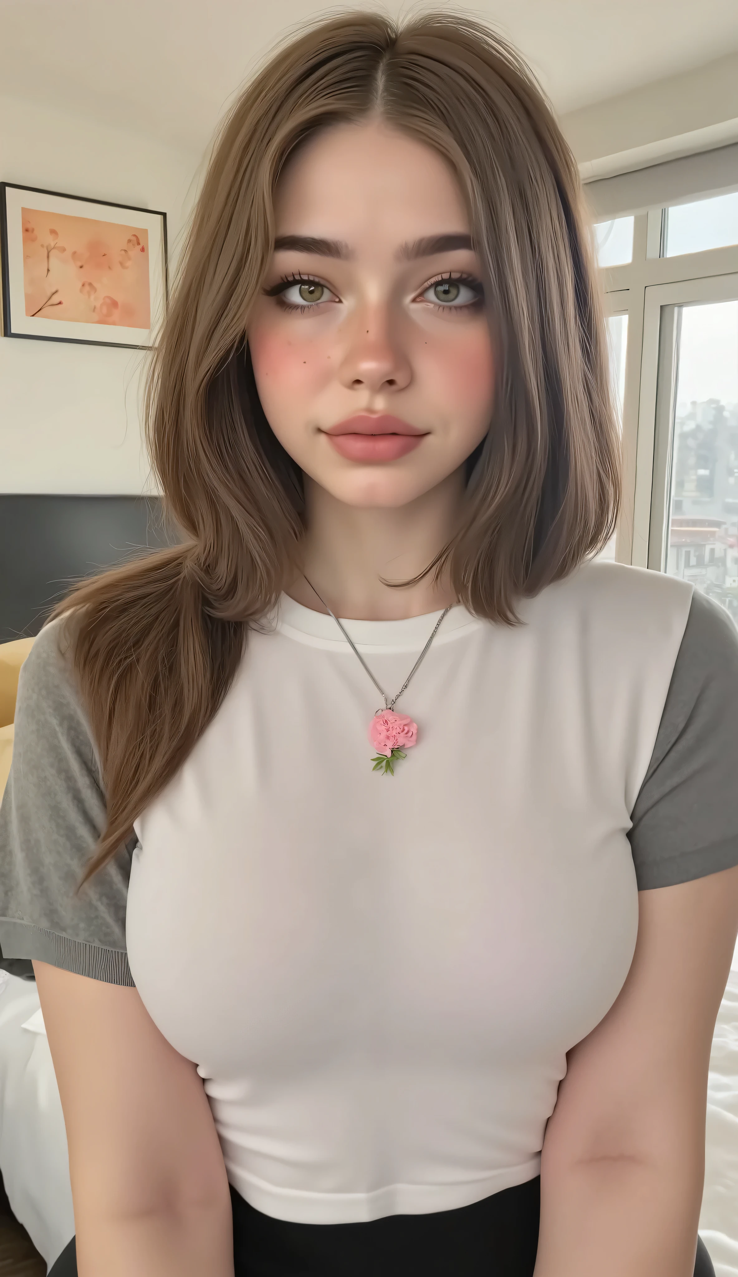 A beautiful woman with long, straight light brown hair and fair skin, wearing a tight grey cotton t-shirt that fits snugly to her curvy figure and full bust. She wears a soft pink floral pendant necklace and stands confidently in a minimalistic, well-lit bedroom. Natural lighting enhances the neutral tones and clean modern vibe. Photorealistic, calm and contemporary.