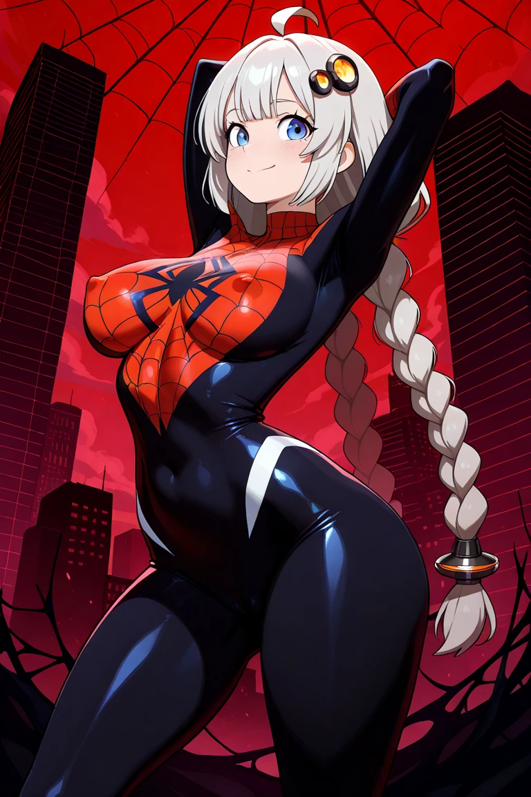 4k, realistic, charismatic, lots of detail, there's a girl at the top of town, wearing the spider-man costume, she's a spider-man, white superhero theme, long white hair, 25 years old, full body, tearing clothes, bouncing breasts, thin bra, thin panties, embarrassed, big ass