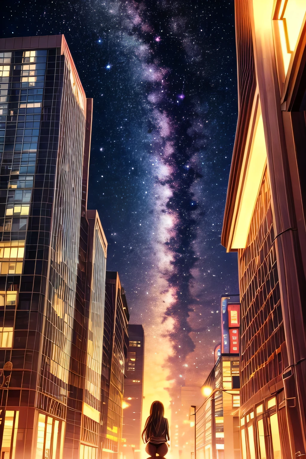 octans, null, star (null), scenery, starry null, night , 1 girl, night null, solo, Outdoors, signature, building, cloud, Milky Way, is sitting, tree, long hair, city, silhouette, cityscape
