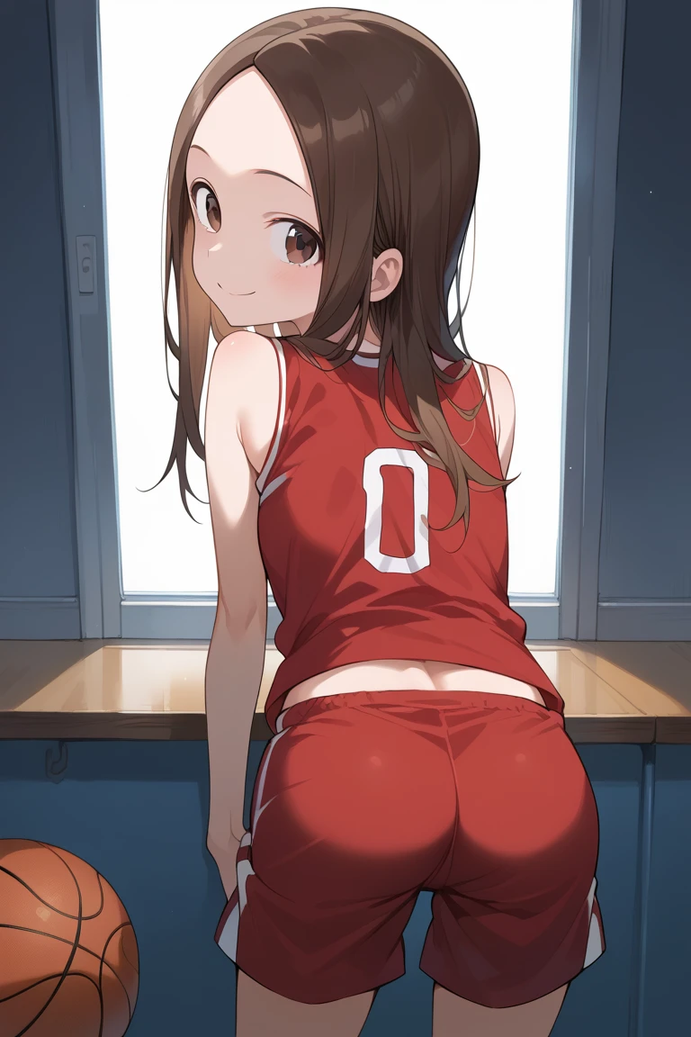 Koyomi Mizuhara, long hair, brunette female with bangs, eyes, glasses, huge breasts, medium plump ass, slender figure, athletic build, standing, view from behind, sexy cheerleader outfit, thin belly, sultry gaze, cheerleader mini skirt, sexy underwear, looking at the mirror