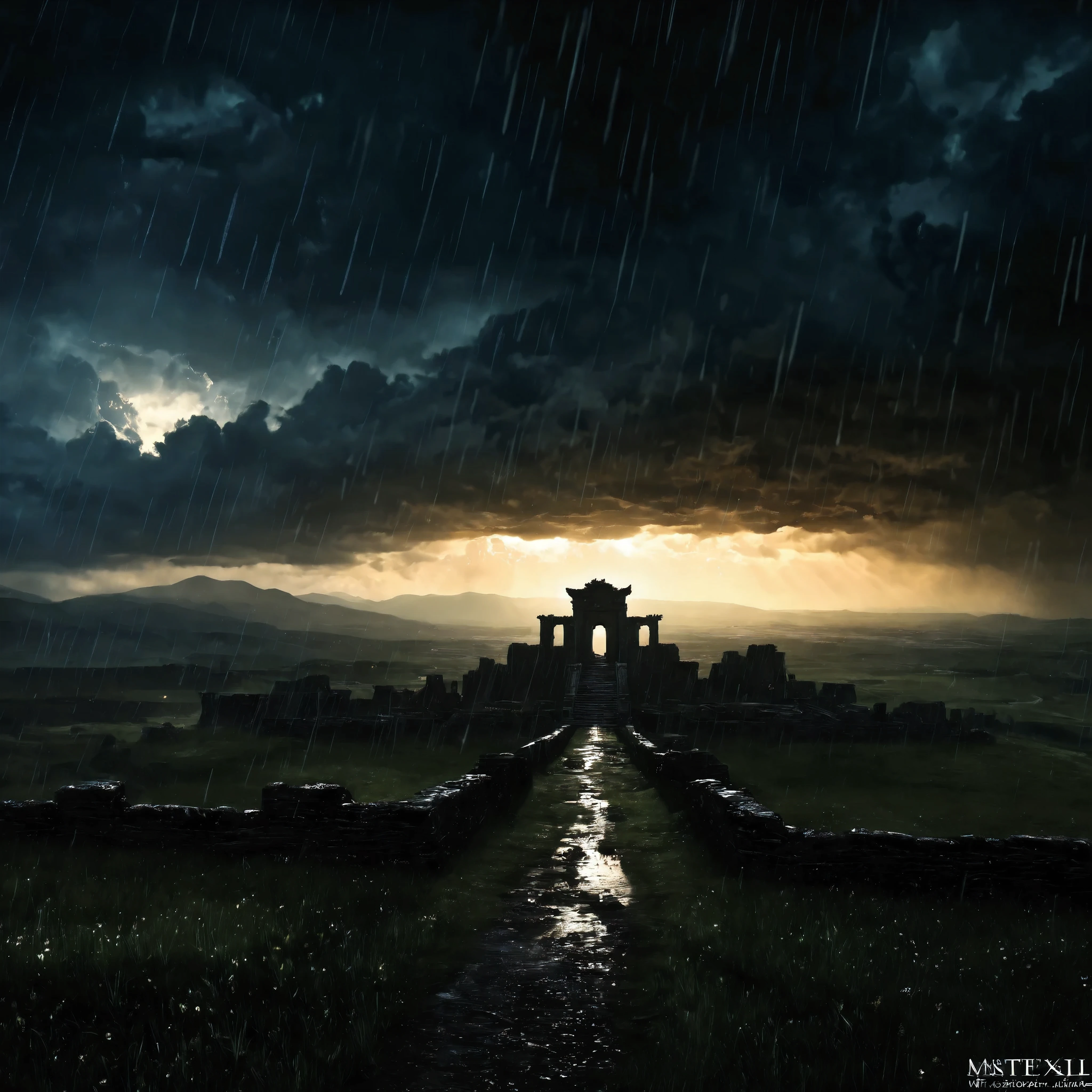 ( Highest Quality , masterpiece), ( dark sky,  rain,  horizon ), realistic background, 2112, light*_Therefore_ particle,Beautiful Landscape Artwork, 雷rain, Vast land, Thunder, Lonely atmosphere , Ahead of the Light of Hope, Ancient Ruins