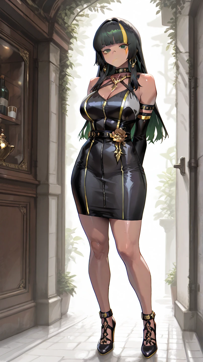Female, standing, straight, 1girl, elf, green wavy hair, from above, medium breasts, suspended by arms, head down, POV, from the side, (dirty, bruise:1.2), cave floor, tiedup, rope, (Masterpiece), full body of a female, big breast, detailed face, full portrait, standing straight, shackles on arms and legs, black chocker on neck, SFW, WHITE TOGA, golden chains hands, golden chains legs, lascivous face, embarrassed, red cheeks, braid black hair, BLINDFOLDED, looking at viewer, handcuffs on their hands, with a collar around the neck, slave, feet up positon, ((black choker, shackles on legs and arms)) show ass, hands on hips,