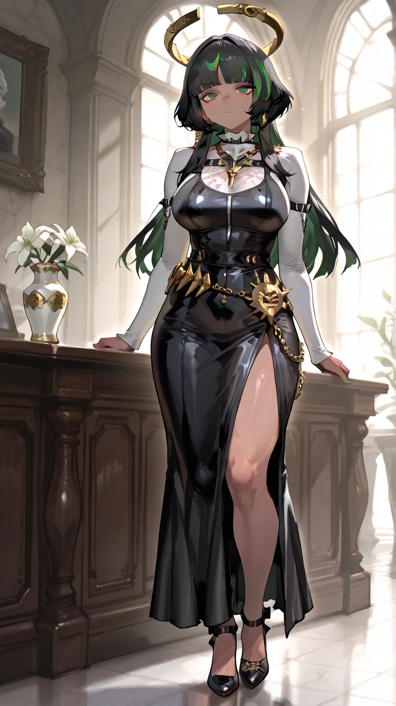 Original Character,8k, Masterpiece, Best Quality,Detailed, Beautiful Detailed Eyes, solo),mature female,pregnant,tall,cleavage,medium breasts,sexy,fine skin,cowboy shot,(black eyes),black sclera,purple hair,double bun,medium hair,pantyhoses,pencil skirt,(((hair 2antennas)))(gold outfit),standing in room in castle,happy face