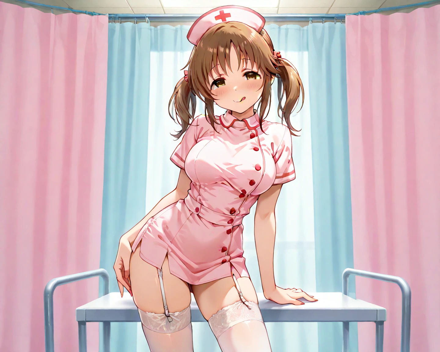 (((masterpiece, Highest quality, High resolution, 超High resolution, Perfect Pixel, Depth of written boundary, 4K, RTTX 10.0))), Beautiful Anime Woman, Beautiful art style, Anime characters, ((Smooth texture, Realistic texture, Anime CG Style)), Exact finger count、Exact number of legs、(Exact number of arms:1.0, Exact number of hands:1.0), (Perfect hands, Perfect Anatomy), Cinematic, Realistic, Extremely detailed CG, Daytime lighting, Perfect lighting, Best Shadow, The best natural light, whole body, Perfect body, Slender body, ((bangs, Dark reddish brown hair, Stylish and cute bob cut hairstyle), Long Hair), (Detailed face, Cute Face), (A grown woman standing with her own hand lifting up her skirt:1.7), (White nurse uniform, Nurse cap、nurse dress, nurse dressのスカート:1.3)、Angle from the front, ((Sexy and cute white and pink panties:1.3), (Glossy satin panties, Side-tie panties, Lace panties:1.3), (White and pink panties, lace garter belt, Garter Strings, Knee socks:1.3)), (Beautiful big boobs:0.95), (Beautiful and thin thighs:1.3), Feeling embarrassed, (blush:1.2), (Very embarrassed look:1.6), (Modern and stylish hospital examination room, Hospital bed in the background, Medical equipment in the background:1.4), nurse uniform, nurse cap