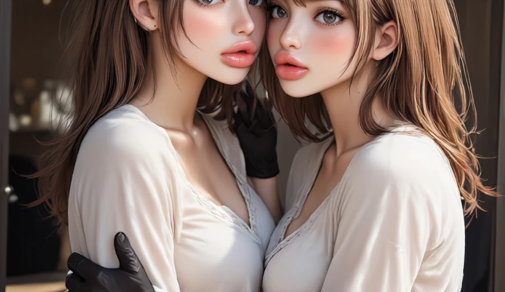 bestresolution, (2heads:1.2), 1girl, conjoined twins, conjoineddicephalus, Urban beautiful girl college student, masterpiece, light makeup, red lips, silver hair, messy long hair, street background, beautiful, elegant. super fine details, master works, authentic texture, cinematic lighting realism, perfect job, 16K, hd, exquisite features,blue eyes、japanese idol、Beautiful Face、cute smile、brown hair、beautiful hair、ponytail、glamorous、shiny skin、tanned skin、Black glowing skin、Sexy knitted sweaters, bright big eyes, smooth skin, earrings, necklace, tattoo