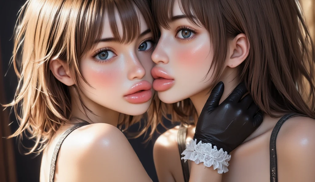 ((2 Japan schoolgirl)), ((2 Cute Girls)), 18 years old, (White open shirt:1.4), (pleated skirt), miniskirt, perfection female form, perfection face, Glossy pink lips, Expressive eyes, eye shadow, eyeliner, Huge natural breasts, (Narrow waist), light brown hair, short hair, (floating hair), expressive hair, (over-rim glasses), long eyelashes, open mouth, stick out tongue, sweat, saliva, wet skin, ((nipples)), ((nsfw)), (1 boy, licking penis), (doubleblowjob:1.4), (licking with the tongue:1.4), ((cum on hair:1.3), Private room, Sitting on the floor, Leaning forward, (From Above), UHD, masterpiece, accurate, anatomically correct, textured skin, super detail, high details, high quality, best quality