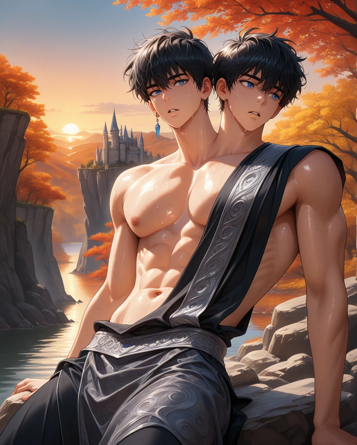 Two muscular fit shirtless boys standing in deep pond water kissing wearing gold jewellery and gol armbands. Wet hair and dripping bodies. Wearing cargo pants. Shirtless. Cloudy background. Handsome faces, black short hair. Homoerotic scene. Mud on body.