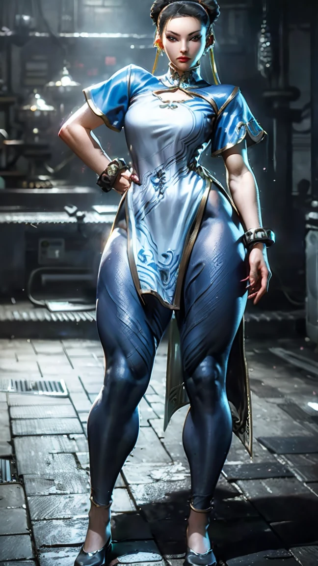 (La Best Quality,A high resolution,Ultra - detailed,actual),Selena Gomez es chun-li,,(Ruined dungeon ruins background cyberpunk :1.4 ), Beautiful young woman in blue dress，smile，(white boots:1.4) ，Exquisite facial features，tie hair, (black leggings:1.4) ，blue clothes,( blue skirt:1.4) , ，front standing posture ，facing the audience，(full body Portrait) ，gray background, ,(Ruined dungeon ruins background:1.4 ), (perfect anatomy :1.4), (face detailed :1.4), (Selena Gomez :1.4), (Chun Li :1.4),( Chun Li V2.1), More detailed 8K.unreal engine:1.4,UHD,La Best Quality:1.4, photorealistic:1.4, skin texture:1.4, Masterpiece:1.8,first work, Best Quality,object object], (detailed face features:1.3),(The correct proportions),(Beautiful blue eyes),  (cowboy pose dinámica ),( cinematic lighting :1.4), (anatomía perfecta V2.1) 