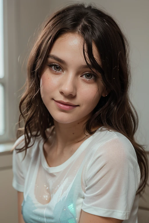 Mujer hermosa con pijama pegadita, enteriso, con ojos azules realistas, Retrato de Sophie Mudd, curly brown hair and big eyes, selfie de una mujer joven, ojos dormitorio, violeta myers, sin maquillaje, Maquillaje Natural, Looking directly at the camera, cara con artgram, maquillaje sutil, Impresionante foto de cuerpo entero, on a fenced balcony, ella no muestra las manos en la foto,