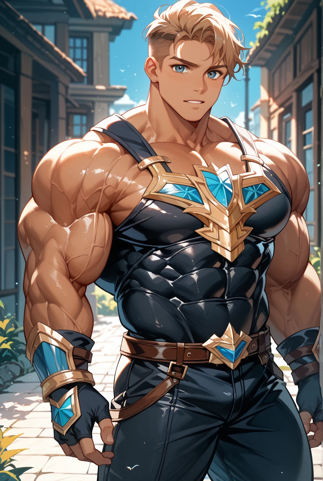 A (Young face) 15 ynager (15 ye very attrstanding, full body. Mexican ethnicity. tanned skin, silver white hair, short hair bangs that fall on both sides of his youthful face. carefree expression, young man, alone, marked muscles, beautiful musculature, aesthetic stretch marks, inspiring physique, slender muscles, square pecs, beautiful V-cone, excellent abs and torso, chiseled abs, pectorals chiseled, perfect massive muscles, inflated muscles, voluminous pectorals, massive muscular body, a huge gigantic chest with a narrow waist, huge shoulders, ridiculously well-shaped large pecs, eight chiseled abs, (very toned and huge) with his military haircut and voluminous neck, narrow waist, golden eyes, young face, beautiful, young. Teen muscular young bodybuilder wittraordinary and firm back, chiseled muscles, rhomboid muscles, latissimus dorsi. Gigachad. He wears a blue leather jacket (BLUE JACKET) that reaches the height of his ribs and is open. (Bare torso) and tight black latex pants, he does not use a belt. He is shirtless under his jacket, which highlights his prominent abs and pectorals. He doesn't wear a belt. His muscles stand out. Ruins of a Jedi temple background. Standing, full body. (((Back))) huge, firm and muscular thighs, round buttocks and round butt with back, hugeirm buttocks)) with butt. (((black latexnts))) (((Euscular torso. Open jacket.)))