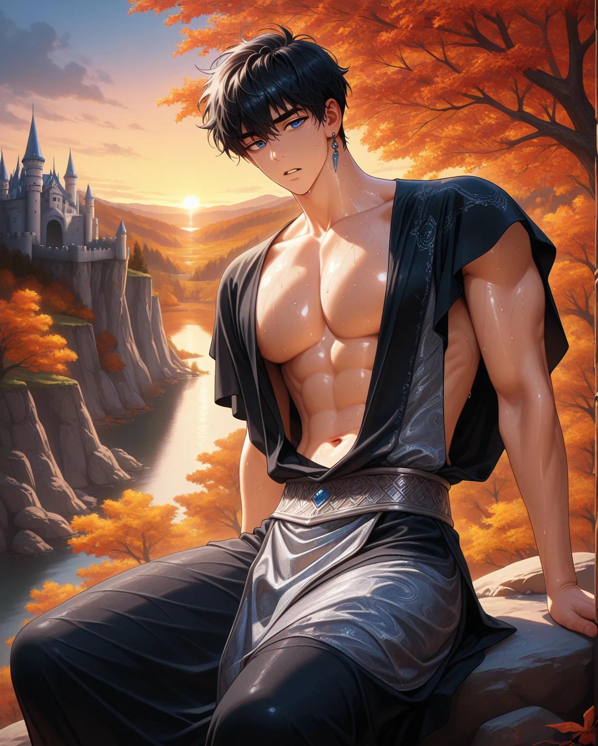 high quality, detailed, Realistic, (19 years old japanese idol maid boy), (detailed black eyes), (black short hair), (abs:1.5), (shiny skin), dungeon, apron, head dress, (tiny thongs), (bulge:1.2), candle, (detailed nipples), detailed areola,