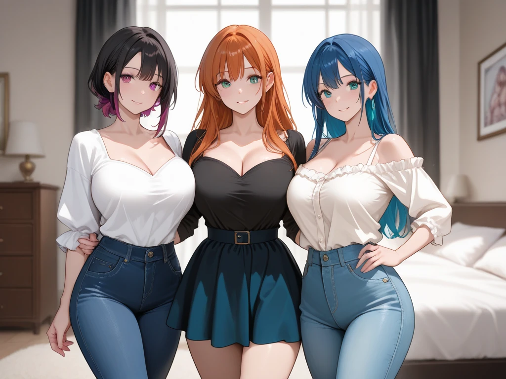 best quality, (masterpiece),(ultra-detailed), (high quality), (high resolution), ((3heads:1.5)), best quality:1.5, highres, UHD, 16K), three headed woman, smiling, highres, masterpiece, orange hair, black hair, hot pink hair, cleavage, (purple casual shirt), blue jeans pants, lustrous and smooth skin, (mature woman), (blue eyes), exposed midriff, seductive silhouette, ((slim hips)), casual dress, sexy proportions, Beautiful girl with accentuated slender abs, long legs, seductive woman
