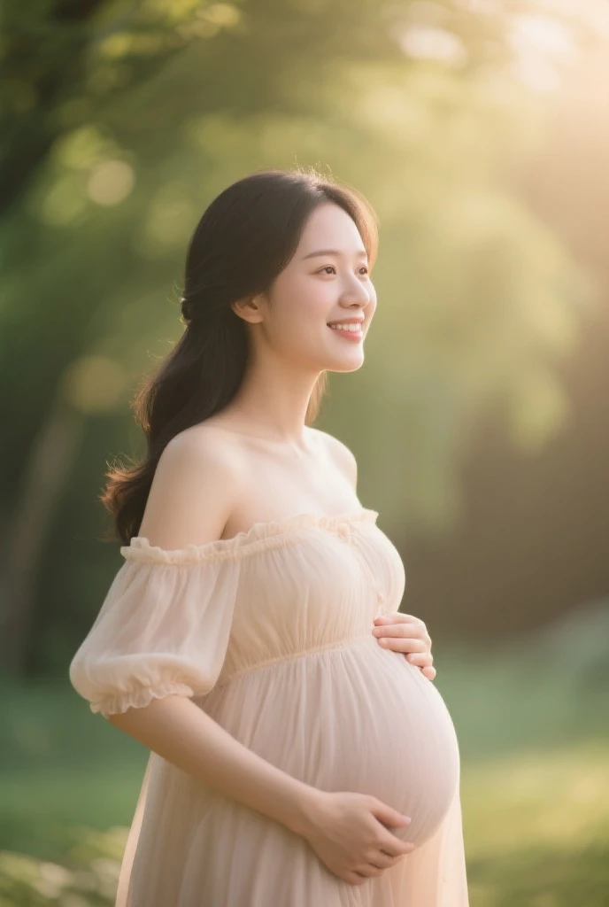 {high quality}, Octane Rendering, Ultra HD, Depth of Field, epic, Movie, ancient China, girl, Cute face, Blue sky and white clouds,Transparent white clothing, pregnant
