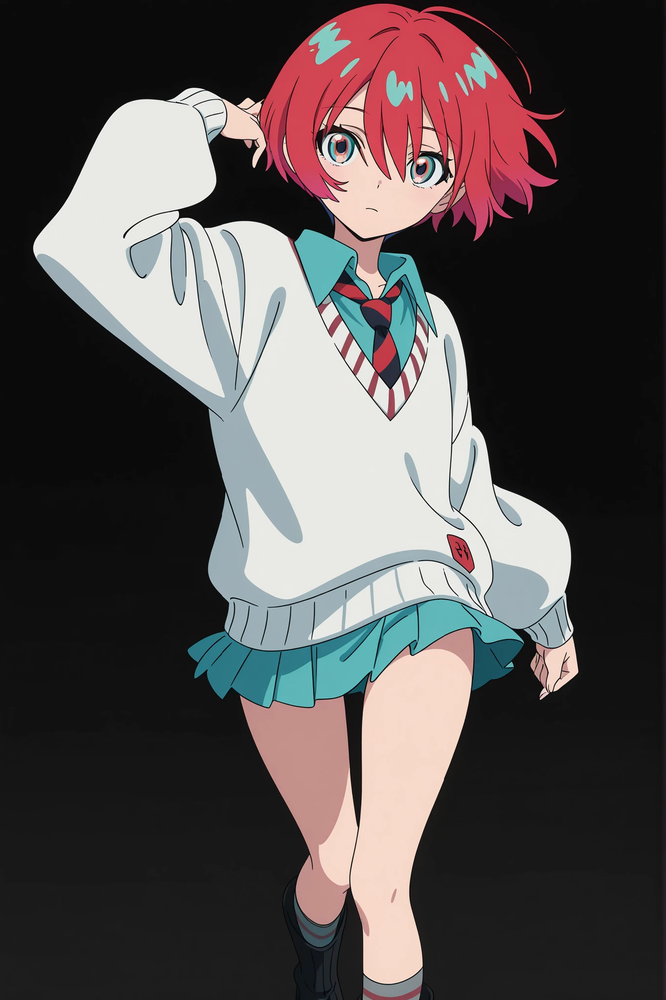 black background, simple background, highly detailed, anime coloring, (masterpiece), (best quality), (ultra-detailed), (anime screencap), (anime keyvisual), 1girl, solo, GQuX-amate_yuzuriha, red hair, multicolored hair, short hair, aqua eyes, multicolored eyes,aqua shirt, striped necktie, (((white simplesweater))), aqua skirt, grey socks, black boots, flat chest, looking at viewer, sexy pose