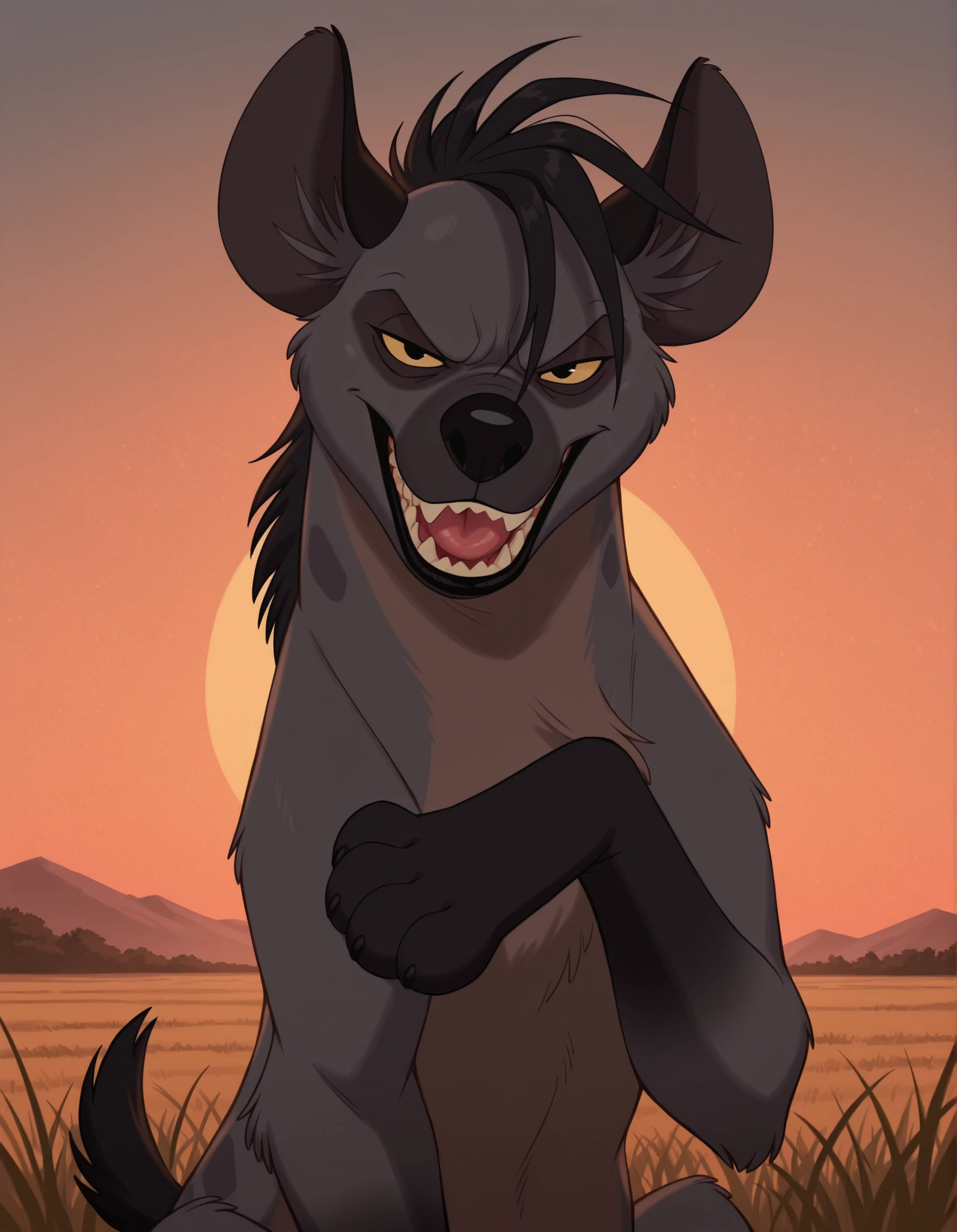8k, uncensored, masterpiece, best quality, highly detailed, realistic, 1girl, solo, ShenziTLK, furry, feral, hyena ears, black hair, short hair, back mane, dark-grey inner ear fluff, yellow sclera, black eyes, black nose, dark-grey body, dark-grey fur, dark-brown body, dark-brown fur, two tone body, two tone fur, dark-grey spots, short tail, black tail, smile, open mouth, tongue, sharp teeth, grin, (looking at viewer, sitting, africa, sunset, grass, front view, detailed background, upper body, narrowed eyes, 3 fingers, paws, hand on own chest, angry