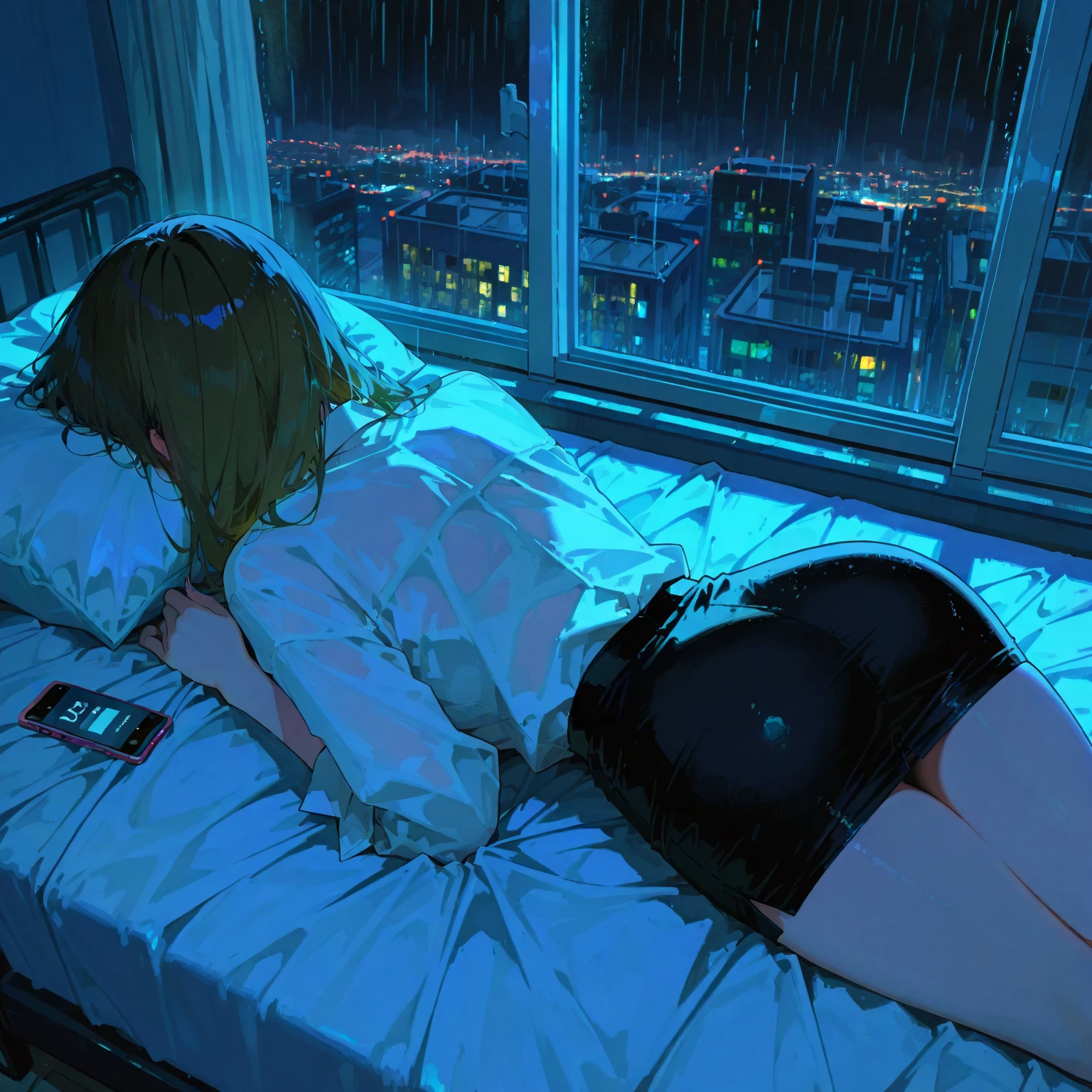 ((best quality)), ((masterpiece)), (detailed), perfect face, lying in bed and sleeping, take off all clothes, rainy window, Rainy night, eyes closed, one woman, underclothed, butt visible, breasts visible, sleeping on a pillow