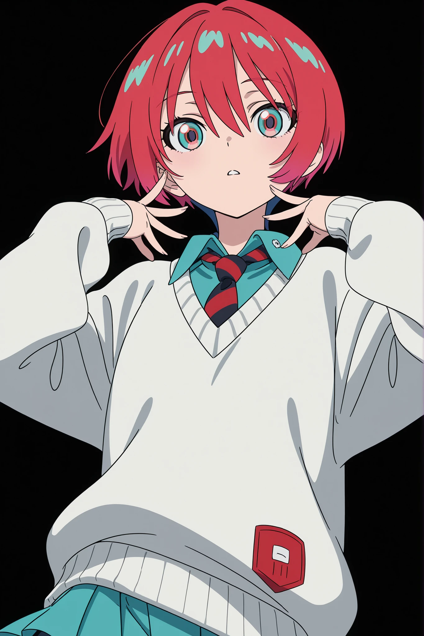 black background, simple background, highly detailed, anime coloring, (masterpiece), (best quality), (ultra-detailed), (anime screencap), (anime keyvisual), 1girl, solo, GQuX-amate_yuzuriha, red hair, multicolored hair, short hair, aqua eyes, multicolored eyes,aqua shirt, striped necktie, (((white simplesweater))), aqua skirt, flat chest, looking at viewer, sexy pose, upper body