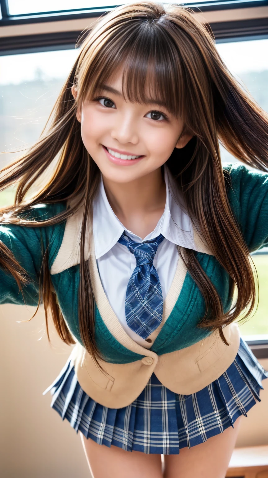 ((((masterpiece, Highest quality, High resolution)))), Extremely detailed 8K, スリムな体を持つsexyな美しい18歳の女性, (Ultra HD, Very detailed, Very detailed, Very realistic, Ultra-realistic, Photo Real),{ Deep writing depth, (Godley:1.2), (bounce front lighting:1.1), (Soft and diffuse lighting:1.6) } (One person:1.5), long wavy brown hair, (ダイナミックなsexyなポーズ), (Very delicate and natural hair:1.3), To the camera, A light smile, (Large and firm breasts: 1.2), (Very delicate and natural face, Very delicate and natural eyes:1.3),(Very delicate and natural clothing:1.2),(Wearing a police officer's uniform, Chest button not fastened, The chest area of the uniform is wide open, I can see your chest:1.6) (Pink nipples sticking out:1.3), Shine, Very sweaty, (Light of the sun, sunlight), sexyな長い脚,sexy, blush, (Ultra-realisticな広大な風景, photogenic scenery:1.1), A big, modern and luxurious city, coastal, Very windy day, Hair blowing in the wind