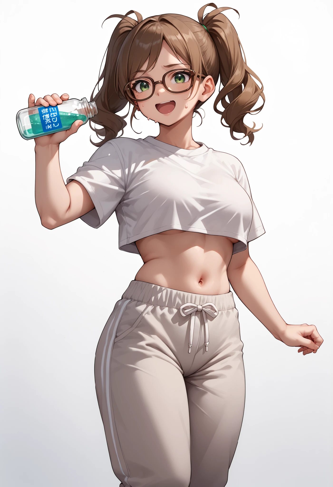 source_anime ,score_9, score_8_ up, score_7, ((White background)) ((japan woman)) ((1girl)) (solo girl) ,30 years old, rathing_questionable (White crop top) (Gray sweatpants:1.2), green eyes , (double ponytail) ,(Brown glasses:1.3) ((breasts:0.8)) , ((very thin:1.2)) excited ((Holding pill jar:1.4))
