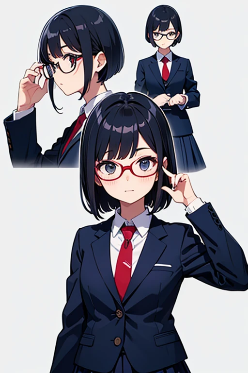 Create an adorable anime-style illustration of a teenage girl with black hair, wearing a stylish with a Office Lady. With stylish glasses adding to her charm, she radiates a cute and endearing vibe, perfect for an anime-style Politician's clothing Foreign Affairs Officer