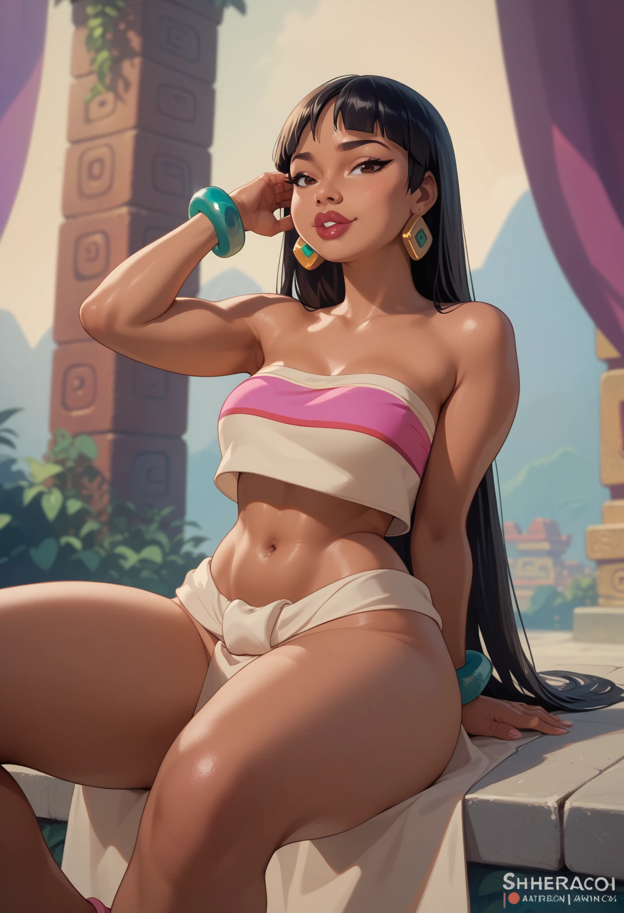 high resolution, obra maestra,1 chica, Chel_El dorado diafragma, parte superior del tubo  pieza masetero, la mejor calidad, ((realisitic)), ((1 person)), Calidad de imagen 8K, extremadamente delicado y hermoso, magnifica, Official art with attention to detail.,  huge file size, ultra detallado, muy detallado, (pretty girl), (Detallada y chica),, ((figura femenina perfecta))  mujer negra, pose sexy , sonrisa, cintura delgada, nariz   perfecta, perfecta, -ojos perfectos, -labios gruesos perfectos, senos al descubiertos, senos grandes, pechos enormes con pezones marrones duros--piel negra---cuerpo hermoso-hermoso-sexy-delgado----hermosas piernas curvas, con adornos, perfect body anatomy