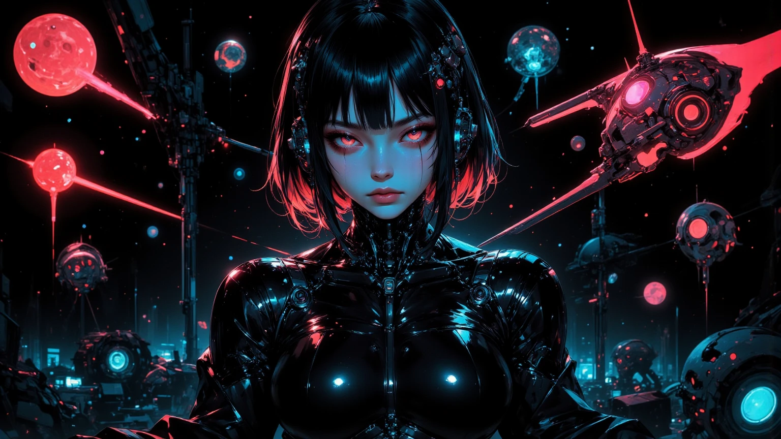 Create an album cover that captures a futuristic, dystopian atmosphere. The image must show an attractive female figure, but clearly artificial, as if it had been created by artificial intelligence. Your expression is cold, almost without emotion, highlighting its non-human nature. She is surrounded by a digitalized environment, with glitch elements, circuits and neon lights. Ao fundo, a star shines brightly, symbolizing the narrator of the song. The color palette should include shades of electric blue, black and metallic gray, with touches of red to create a dramatic contrast. The song title should be displayed in a futuristic font, as if floating on the screen. the female figure must be Asian and have bob hair 