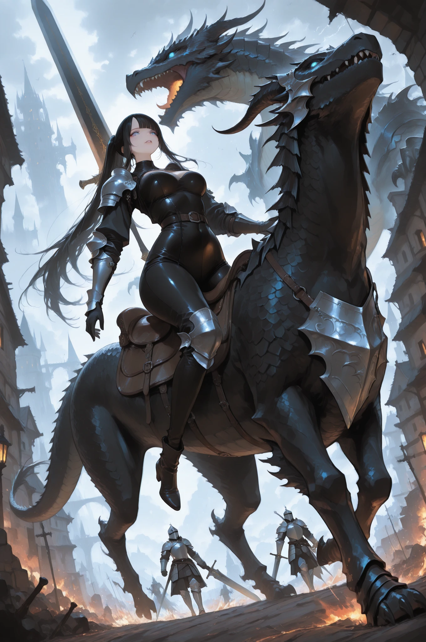 ((Simon Bisley)), Beautiful full-bodied woman, 30 years old, muscular and perfect body, fierce warrior, on a beautiful horse, clothes full of metallic tips and chains, absurd details, absudres, Frank Frazetta, with micro clothes, almost totally naked, with little clothing, tiny thong, large breasts, generous neckline, a lot of metal in the clothes, shoulder pad in the shape of a skull, fantastic art outfit, fulfilled or short hair, brave face, dark kingdom, sexy pose, fantastic landscape, adult fantasy