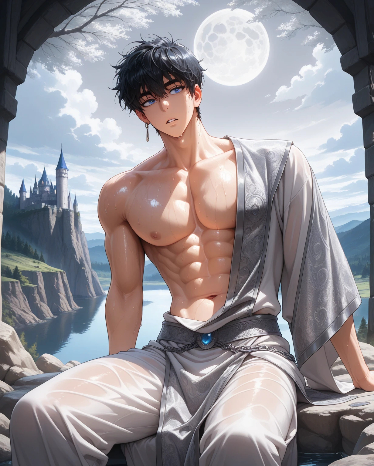 solo, MALE, sung jinwoo, parted lips, black hair, short hair, messy hair, blue eyes, athletic body, large pec, , handsome, single earring, Male Fantasy Clothes, black ancient god clothes with silver pattern, revealing toned  and navel, manly, sweating, wet of sweat, sit leaning on the sofa in the room, big window, black forest, big trees, castle, cliff, masterpiece, best quality, amazing quality, very aesthetic, absurdres, newest, black scenery, lunar eclipse, black cloud