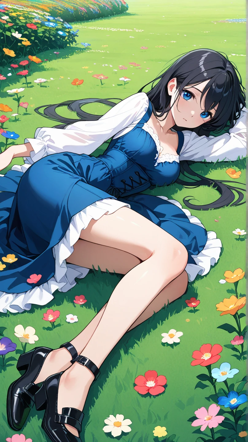 The face remains unchanged, clothes are modified, the tattered beggar, the tattered, tattered garments, (((She is lying on the grass in an open field with flowers))), fully body, long hair spread across the grass
