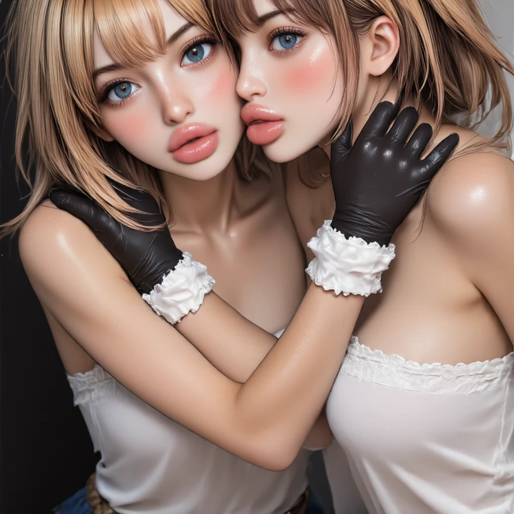 2 girls, blond, Uniform and miniskirt, roromiya, ririchiyo, , No underwear, shaved vagina, ascot, ​masterpiece, White background, best quality