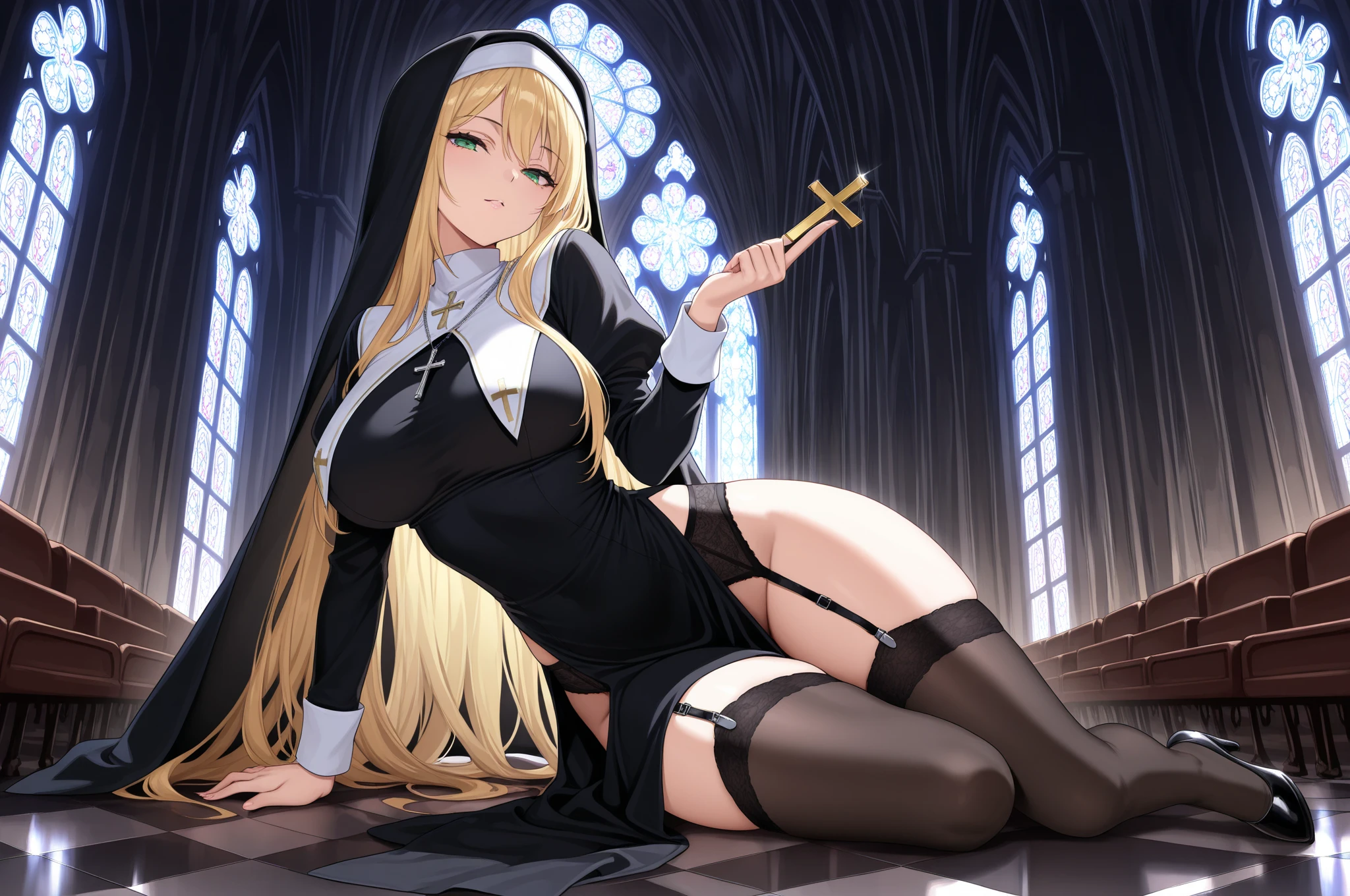 Animated image of two women in maid outfits standing in front of stained glass (Highest quality, In 4K, 8K, High resolution, Pieces fly:1.2),(two women with different hair lengths),Very detailed, (reality, Realistic, Realistic:1.37), 15-year-old female,young woman,((Inside the church),Pieces fly, Highest quality, Ultra-fine,Maximum resolution, Very detailed, ((Droopy eyes,Nuns,Black Dress,Angle from below,High neck,White panties)),code,smile,Open your mouth wide ,blonde,Captivating thighs,mini skirt