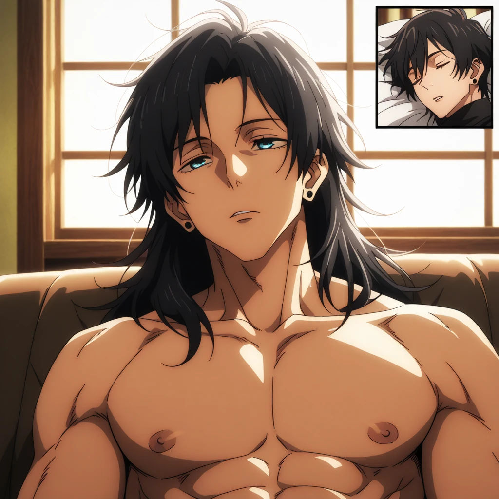 jinshi, long hair, ((BLACK hair)), ((blue eyes)), parted bangs, looking at viewer, low ponytail, solo, sweat, blurry background, topless male, 1boy, BREAK
score_9, score_8_up, score_7_up, score_6_up, anime (((in an open robe))),((blush)),(smile)